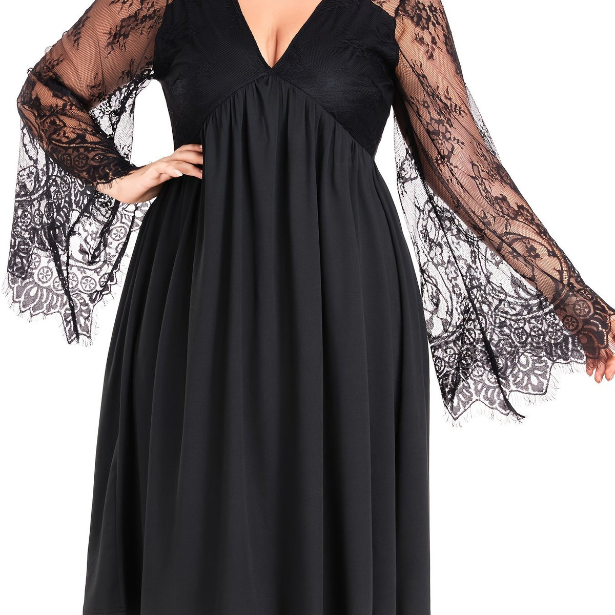  Sexy Dress Women's Plus Solid Contrast Lace Bell Sleeve V Neck Medium