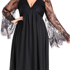  Sexy Dress Women's Plus Solid Contrast Lace Bell Sleeve V Neck Medium