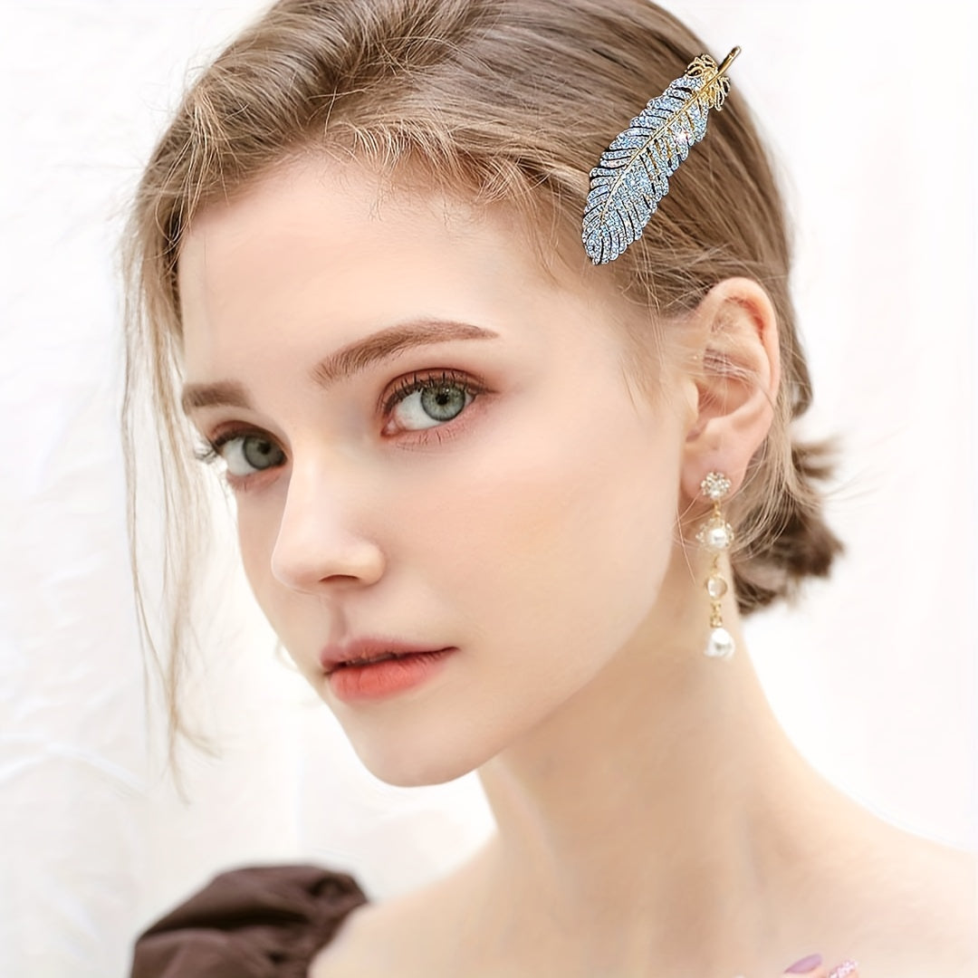 Crystal Feather Hair Clip Barrette Sparkling Rhinestone Hairpin