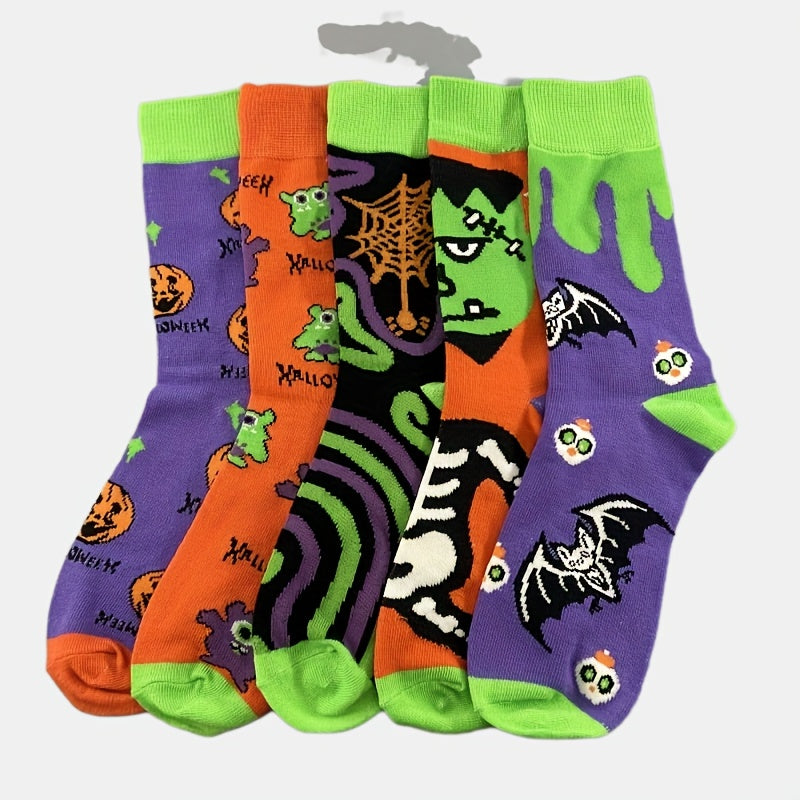 5 Pairs Pumpkin & Skull Print Socks Funny Halloween Crew Socks Women's Stockings