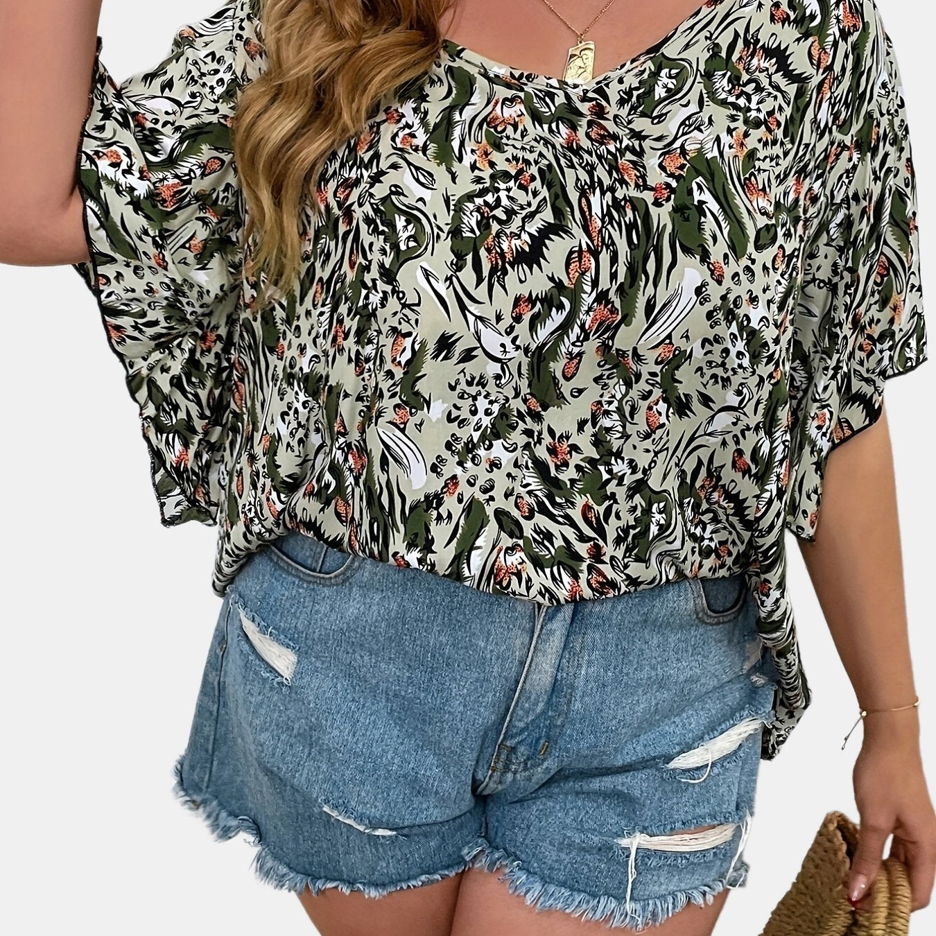  Allover Print Flutter Sleeve V Neck Blouse