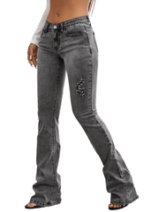Dark Grey Flare Jeans Bell Bottom Wide Leg Ripped Denim