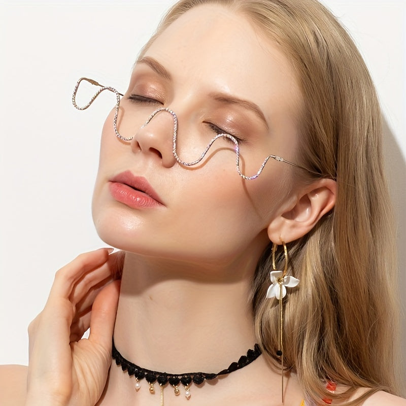 Rhinestone Decor Lensless Glasses Wavy Glasses Frame Stylish Photo Prop