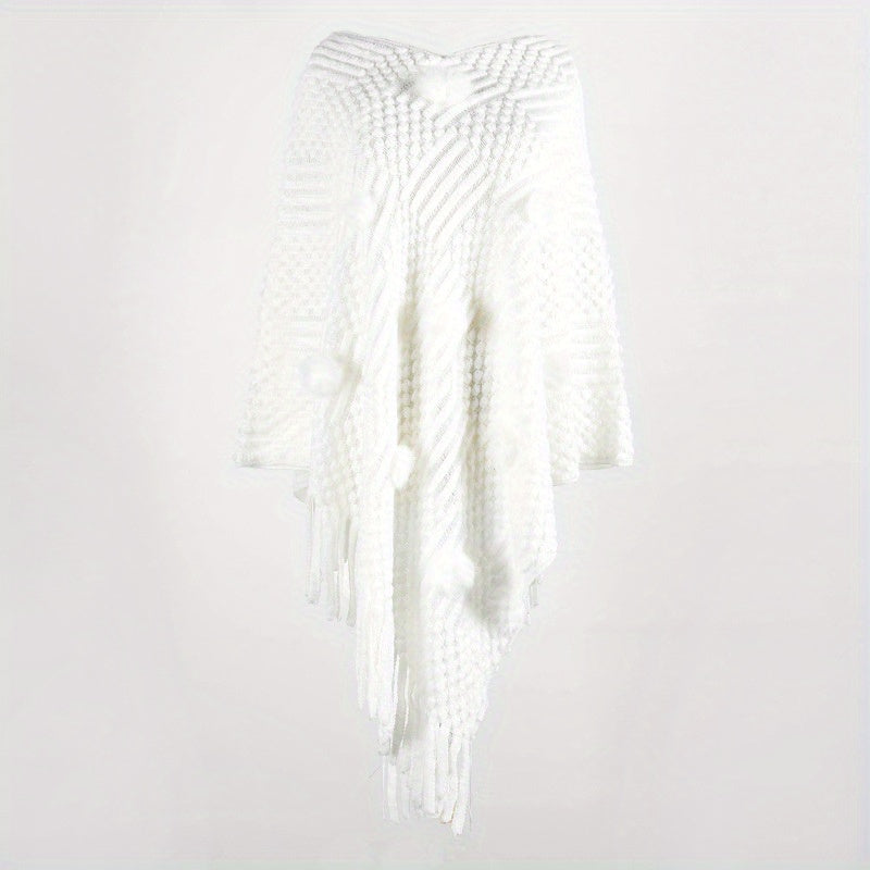 Rabbit Fur Ball Knit Shawl Cashmere Fringed Wrap for Winter