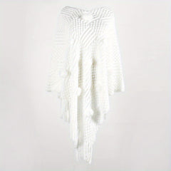 Rabbit Fur Ball Knit Shawl Cashmere Fringed Wrap for Winter