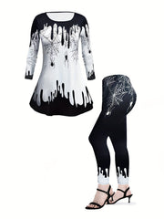  2 Piece Set Women's Floral Top & Denim Leggings Outfits
