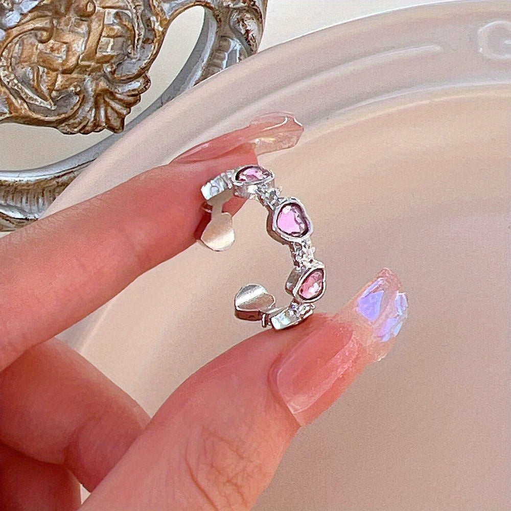 Y2k Sweet Heart Ring Inlaid Zircon Decor For Daily Outfits Lovely Gift