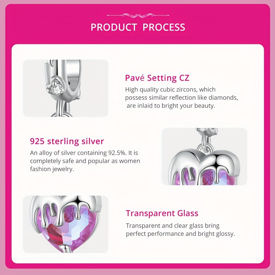 PANPOKI 925 Silver Pink Crystal Heart Pendant, DIY Fine Jewelry
