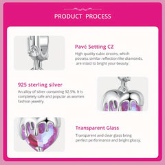 PANPOKI 925 Silver Pink Crystal Heart Pendant, DIY Fine Jewelry
