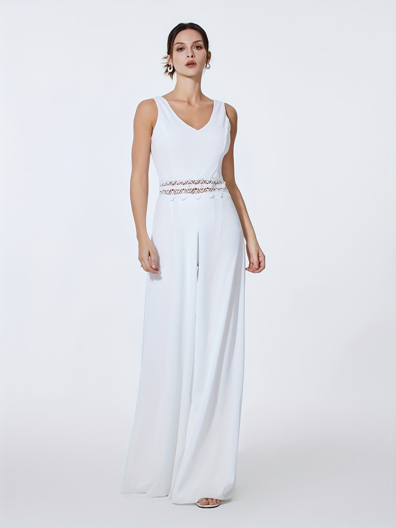 Sleeveless Jumpsuit with Overskirts Casual V Neck Lace Splicing Long Length