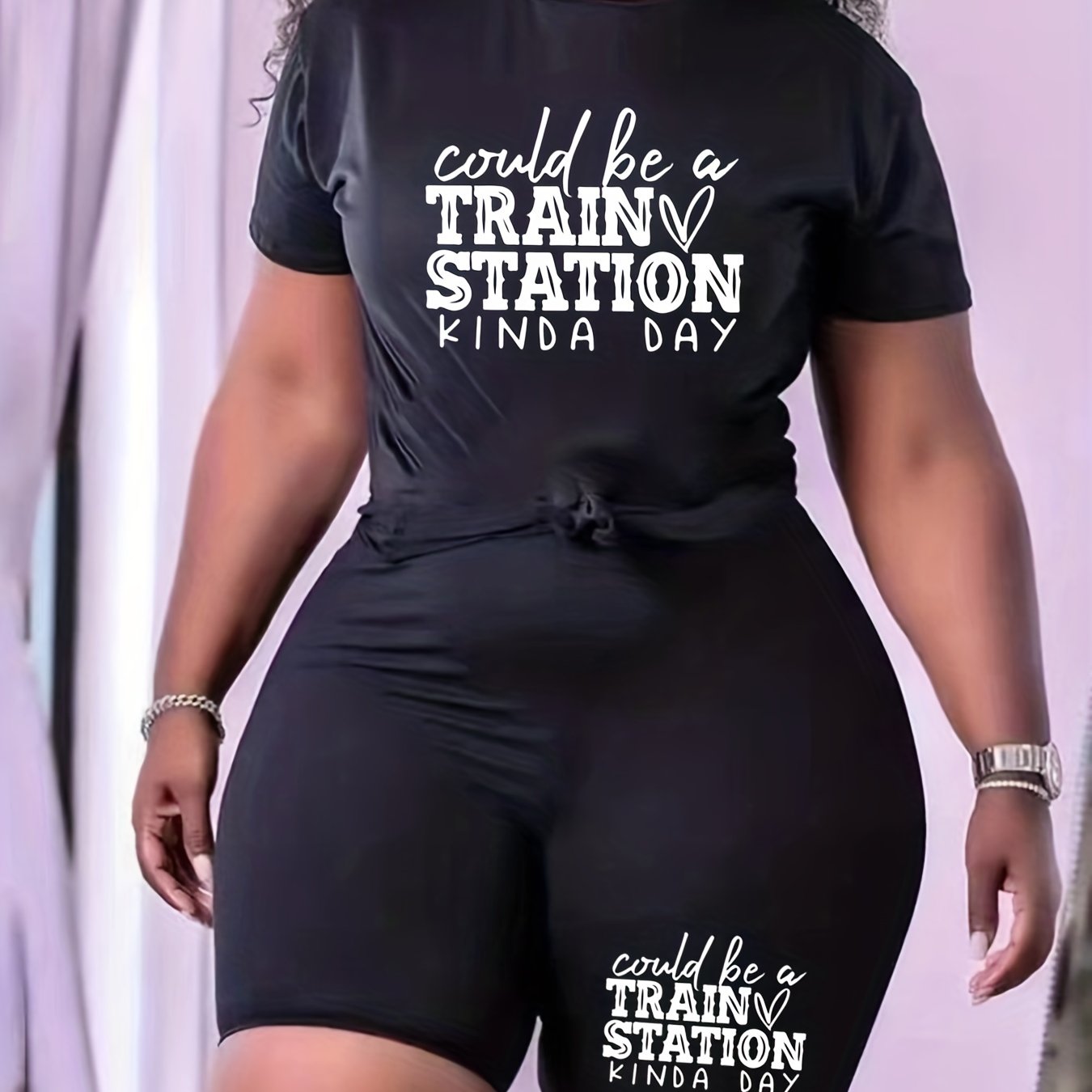Women's Plus Heart Print Tee & Biker Shorts Set