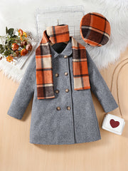 Girls Vintage Long Woolen Overcoat & Plaid Hat Scarf Set