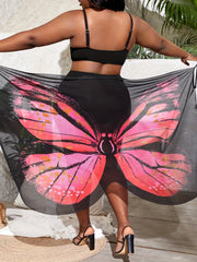 Pink Butterfly Print Sheer Cover Up V Neck Beach Dress