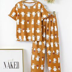 Boys Bear Print Pajama Set Tee Top & Pants Kids Loungewear 2pcs Set