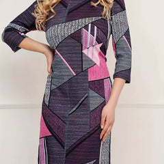  Geometric Print Three Quarter Sleeve Knee Length Dress
