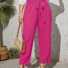  Solid Elastic High Rise Trousers With Belt