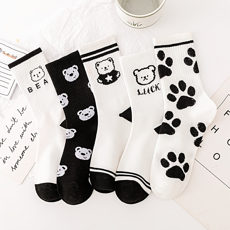 5 Pairs Bear & Paw Print Mid Tube Socks Women's Stockings