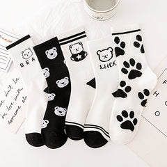 5 Pairs Bear & Paw Print Mid Tube Socks Women's Stockings