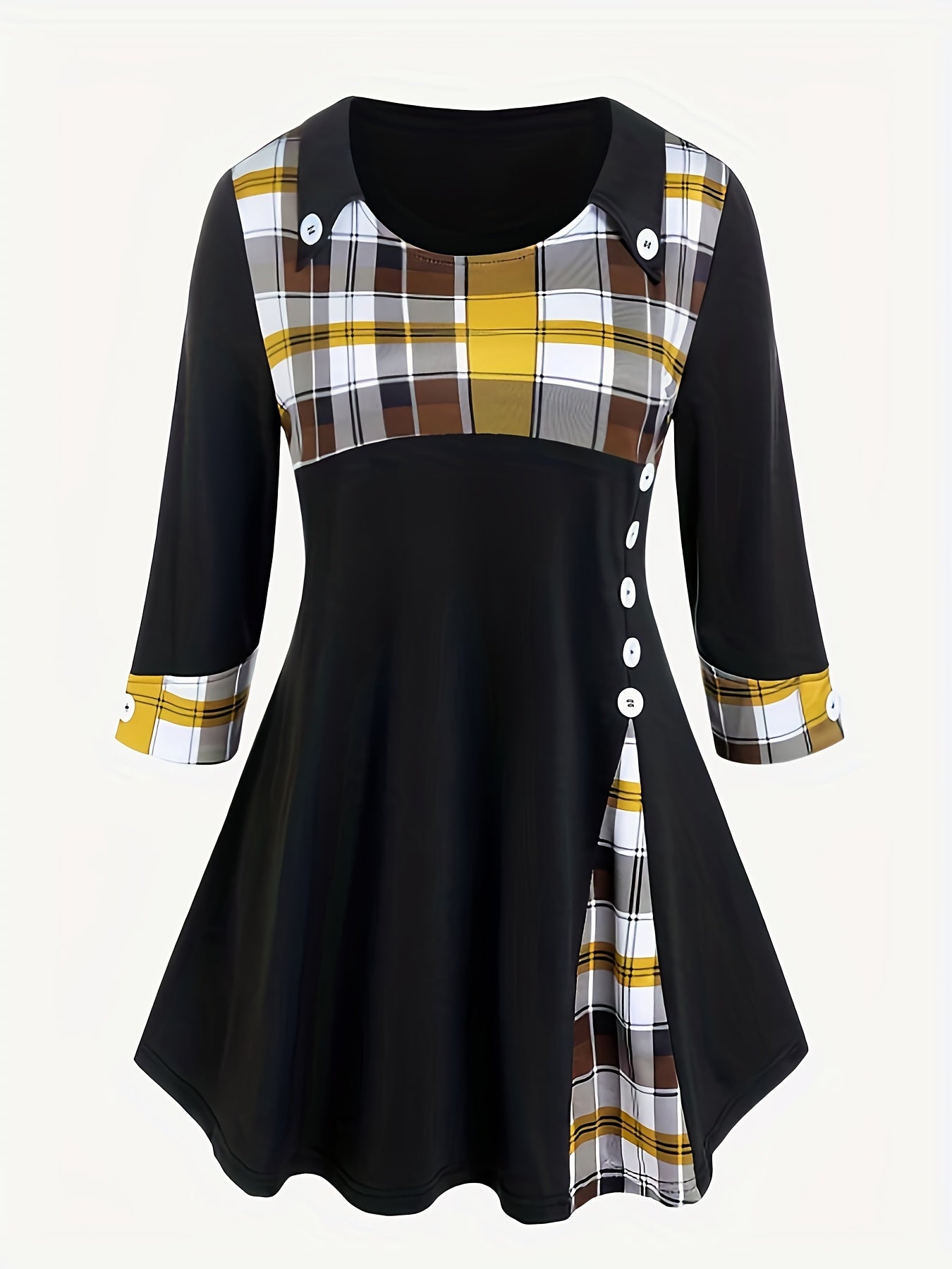  Colorblock Plaid Long Sleeve A Line Dress