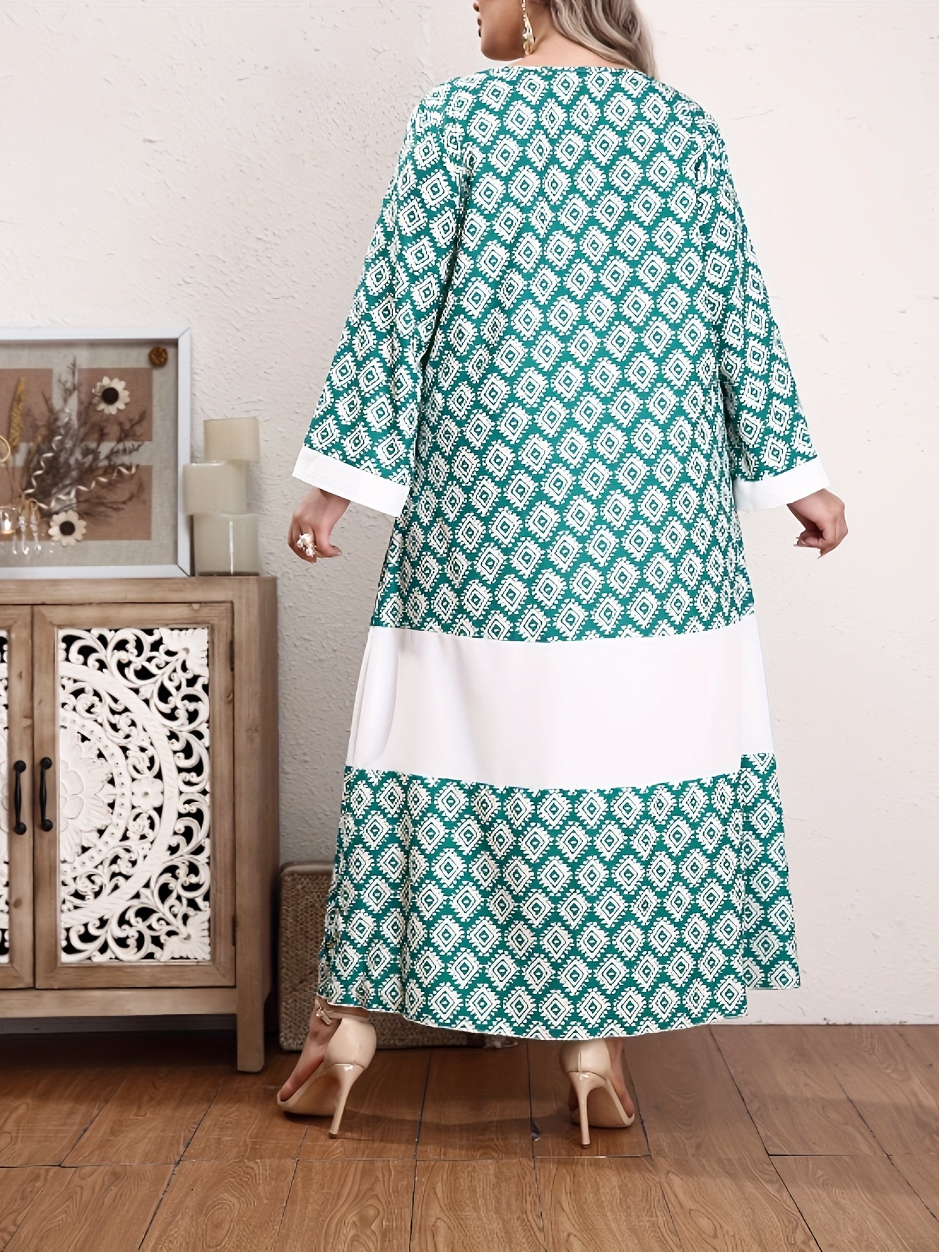  Abaya Dress Women's Plus Colorblock Argyle Print Long Sleeve V Neck