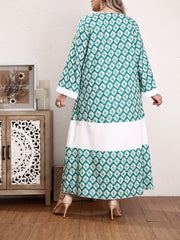  Abaya Dress Women's Plus Colorblock Argyle Print Long Sleeve V Neck