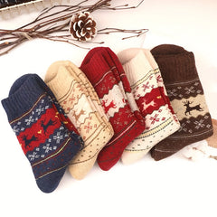 Christmas Elk Print Socks 5 Pairs Comfy & Mid Tube Women's Stockings