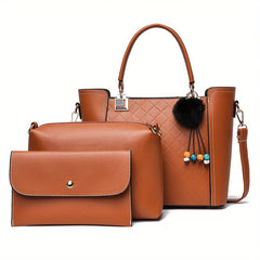 3pcs Tote Bag Inner Bag Clutch Purse Set PU Leather Textured Satchel Bag