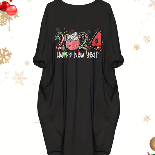  Casual Dress Women's Plus Slogan & Graphic Print Long Sleeve Dress