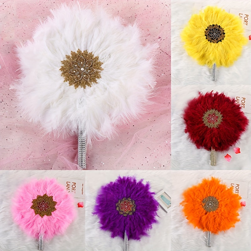 Colorful Plush Fan Inlaid Rhinestone Large Round Faux Feather Fan