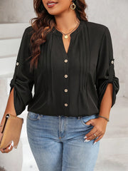  Solid Button Up Roll Up Sleeve Tunic Blouse