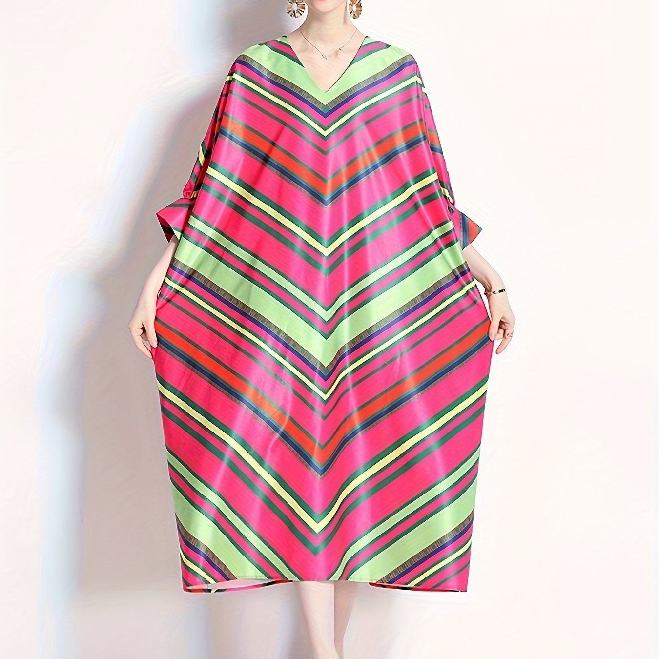  Colorblock Stripe Print V Neck Midi Dress