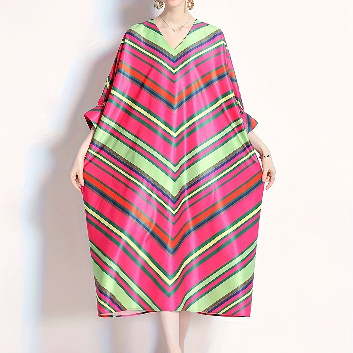  Colorblock Stripe Print V Neck Midi Dress