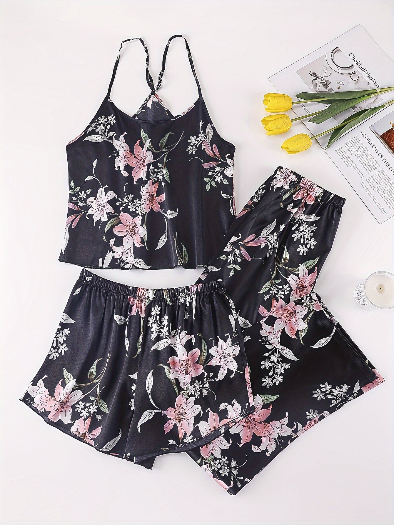 Floral Print Pajama Set Cami Top & Shorts & Pants