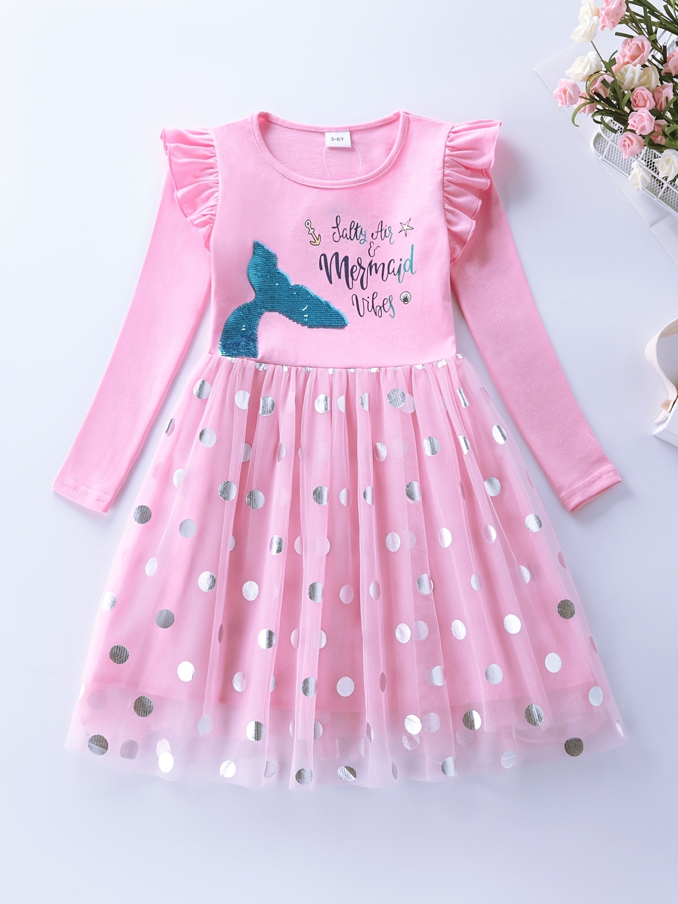 Girls Mermaid Embroidered Long Sleeve Mesh Princess Outfit