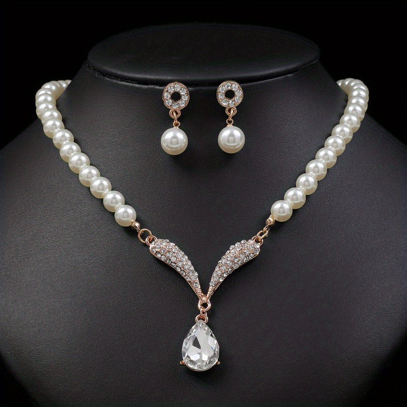 Vintage Faux Pearl Necklace & Earrings Set for Women