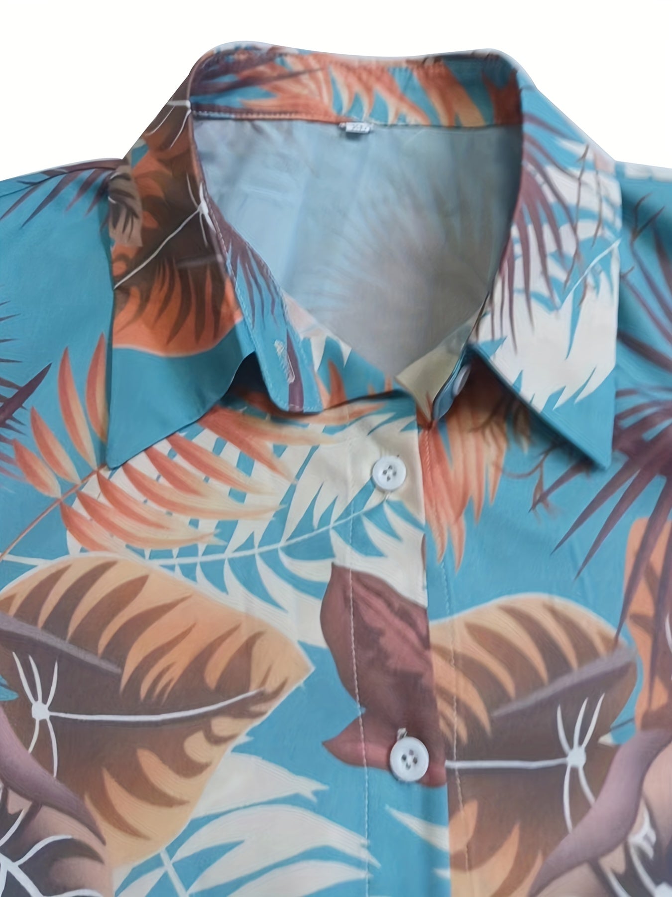  Tropical Print Button Up Long Sleeve Blouse