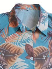  Tropical Print Button Up Long Sleeve Blouse