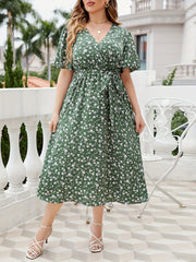  Ditsy Print Short Sleeve Surplice Neck Dress With Belt