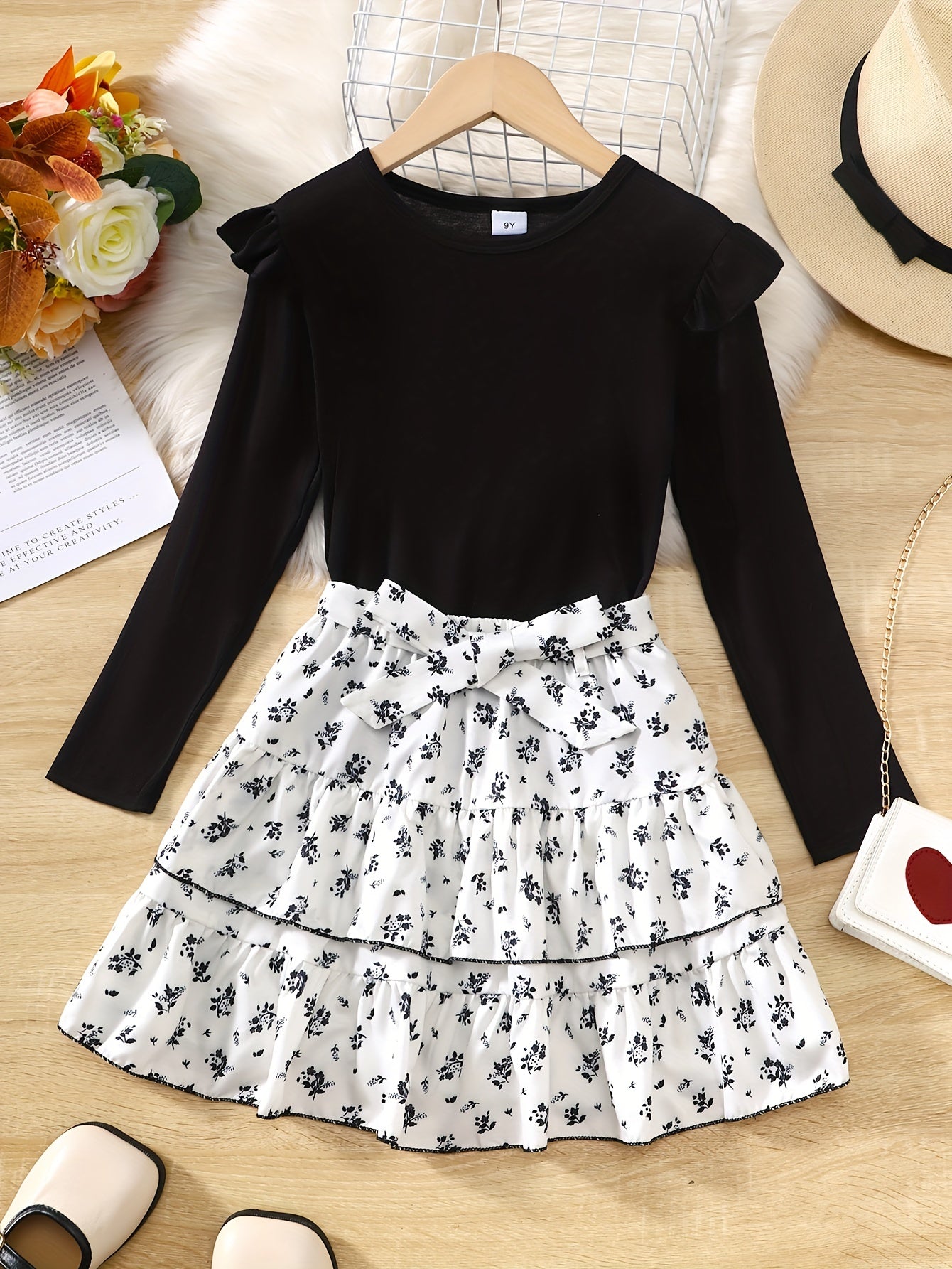 Girl's 2pcs Top & Floral Pattern Skirt Set Ruffle Decor Casual Kid's Clothes