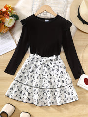 Girl's 2pcs Top & Floral Pattern Skirt Set Ruffle Decor Casual Kid's Clothes