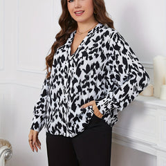  Leopard Long Sleeve Notched Neck Tunic Top