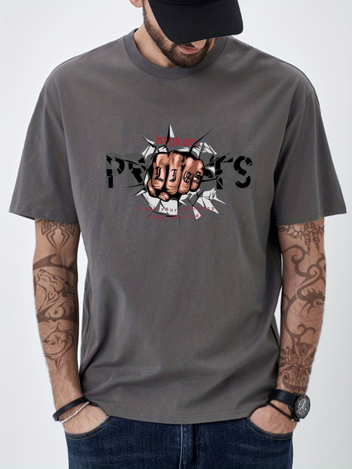 Cotton Fist Print Men's Graphic Crew Neck T-Shirt for Summer