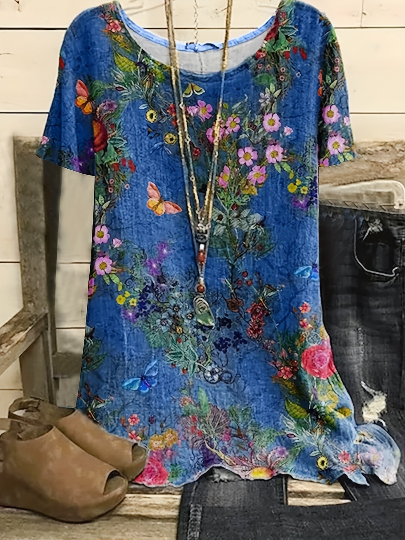 Tie Dye Floral Print Short Sleeve Blouse