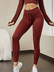 Solid Ribbed Yoga Leggings with Drawstring Waist & Cross Strap