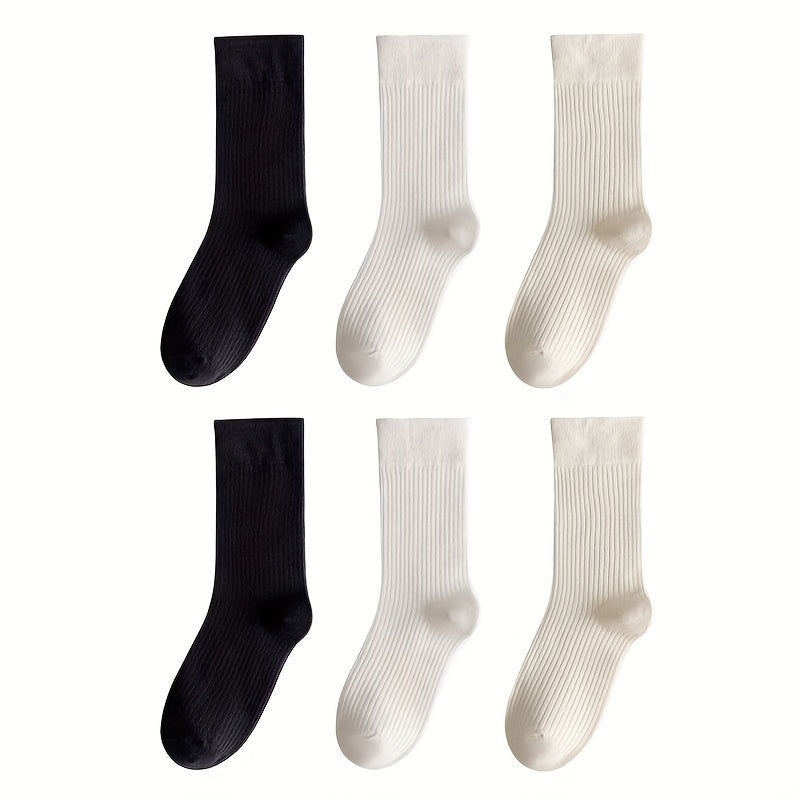 6 Pairs Solid Crew Socks Breathable Women's Stockings & Hosiery