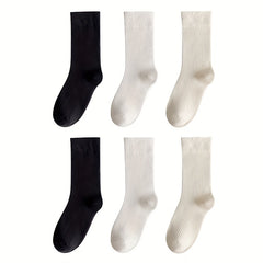 6 Pairs Solid Crew Socks Breathable Women's Stockings & Hosiery