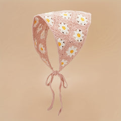 Daisy Flower Knitted Triangle Scarf Head Wrap Hollow Crochet Lace Up Turban Hat