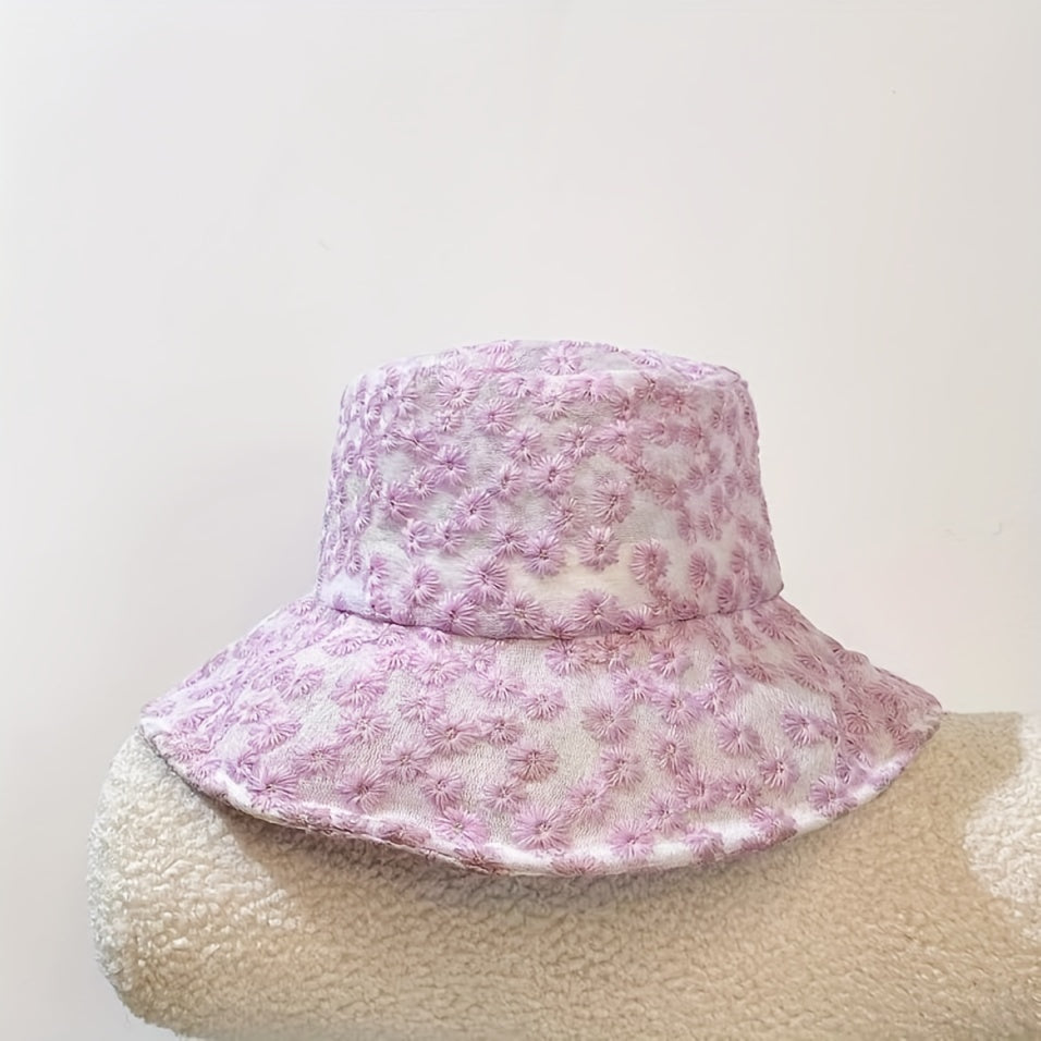 Mesh Lace Flower Embroidery Fisherman Hat for Women