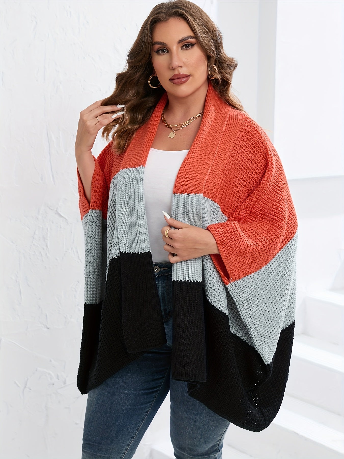  Colorblock Bell Sleeve Sweater Cardigan Women's Plus Casual Sweater