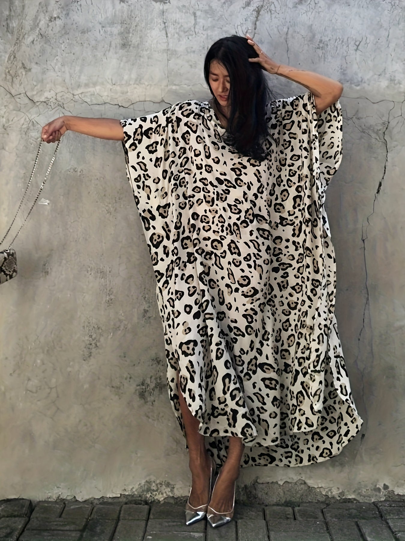  Boho Cover Up Leopard Print Batwing Sleeve V Neck Maxi